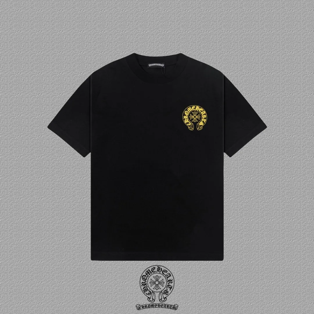 🅿️200 [CH Crow Heart] 2025FW short-sleeved T-shirt, hollow embroidery with arch bridge embroidery, high-end 26s double yarn 300g fabric, heavy fabric, custom stretcher rib, same vat and dye, complete three standards, same style for men and women, color: black, white, size: S M L XL 2XL